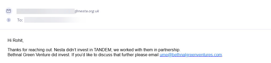 Reply from Nesta with Bethnal Green Ventures
