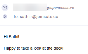 Email reply from OpenOcean: 'Hi Sathi! Happy to take a look at the deck!'